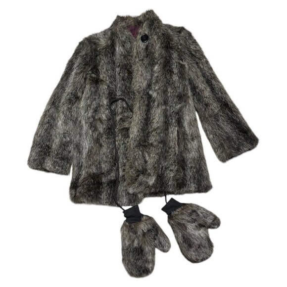 VINTAGE 90s Faux Fur Designer Winter Parka Coat With Matching Mittens Medium - Picture 2 of 6